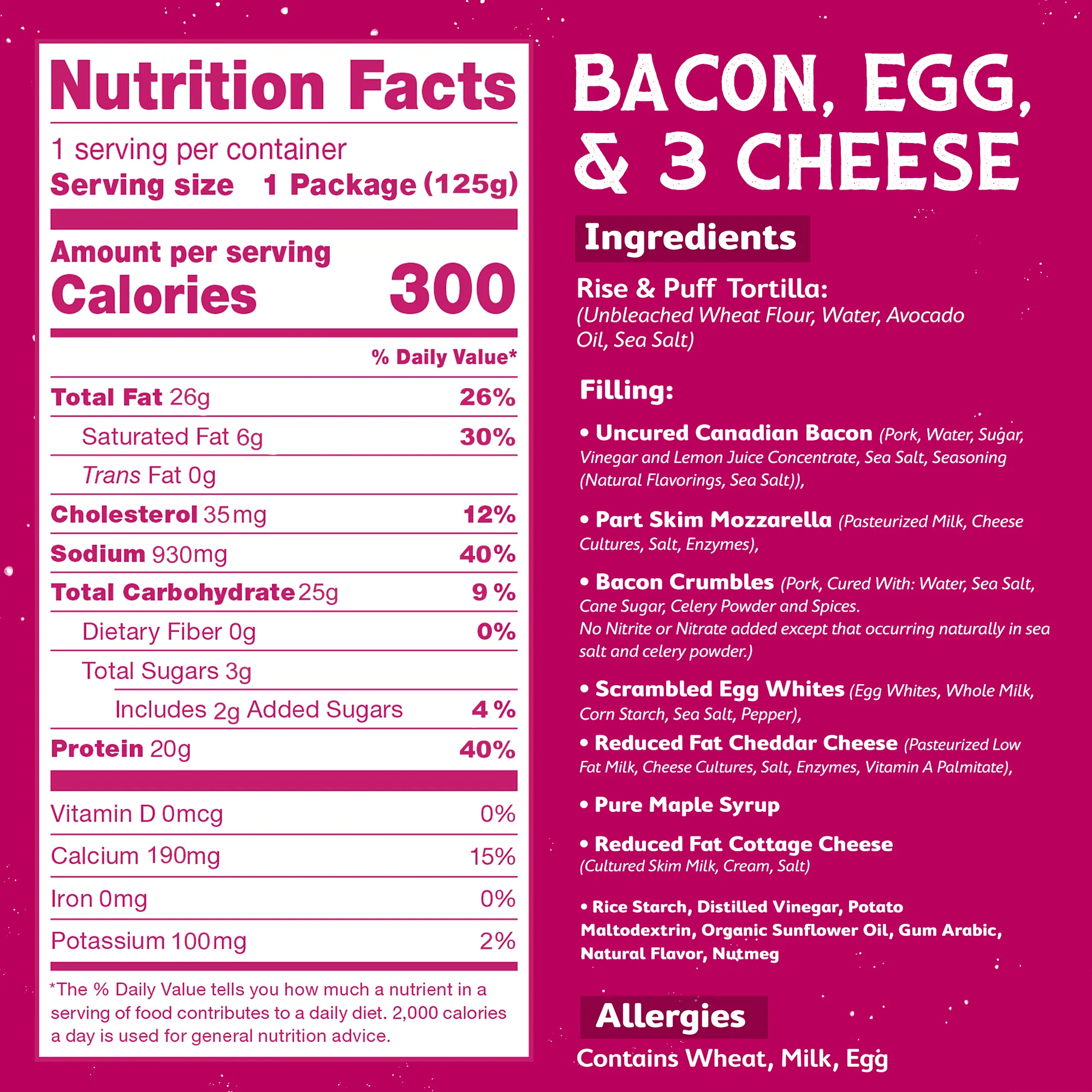 Nutrition facts and ingredients label for a bacon, egg, and cheese quesadillas on a pink background.
