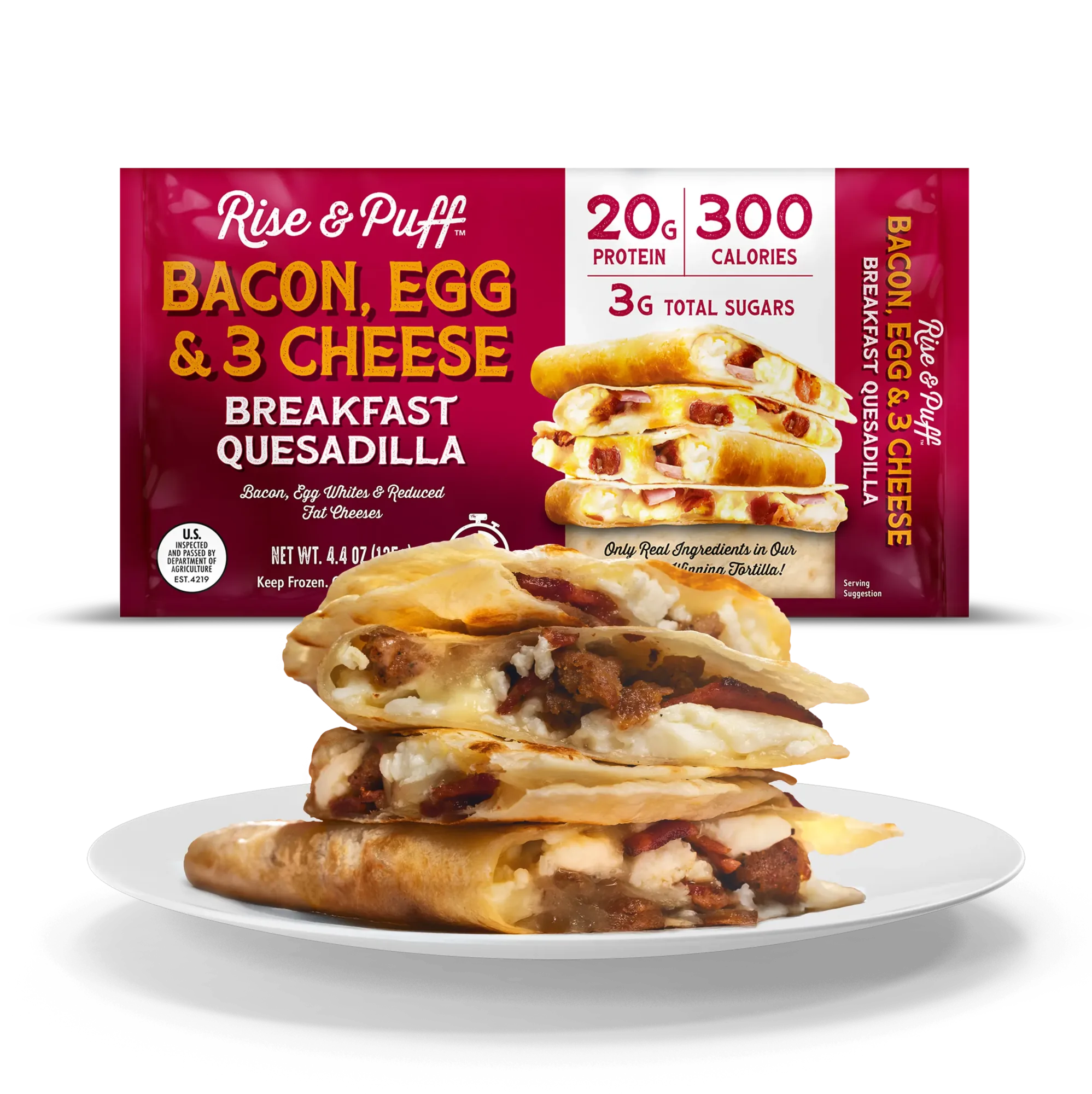 Rise & Puff Bacon, Egg & 3 Cheese Breakfast Quesadilla packaging with a stack of quesadillas on a plate.