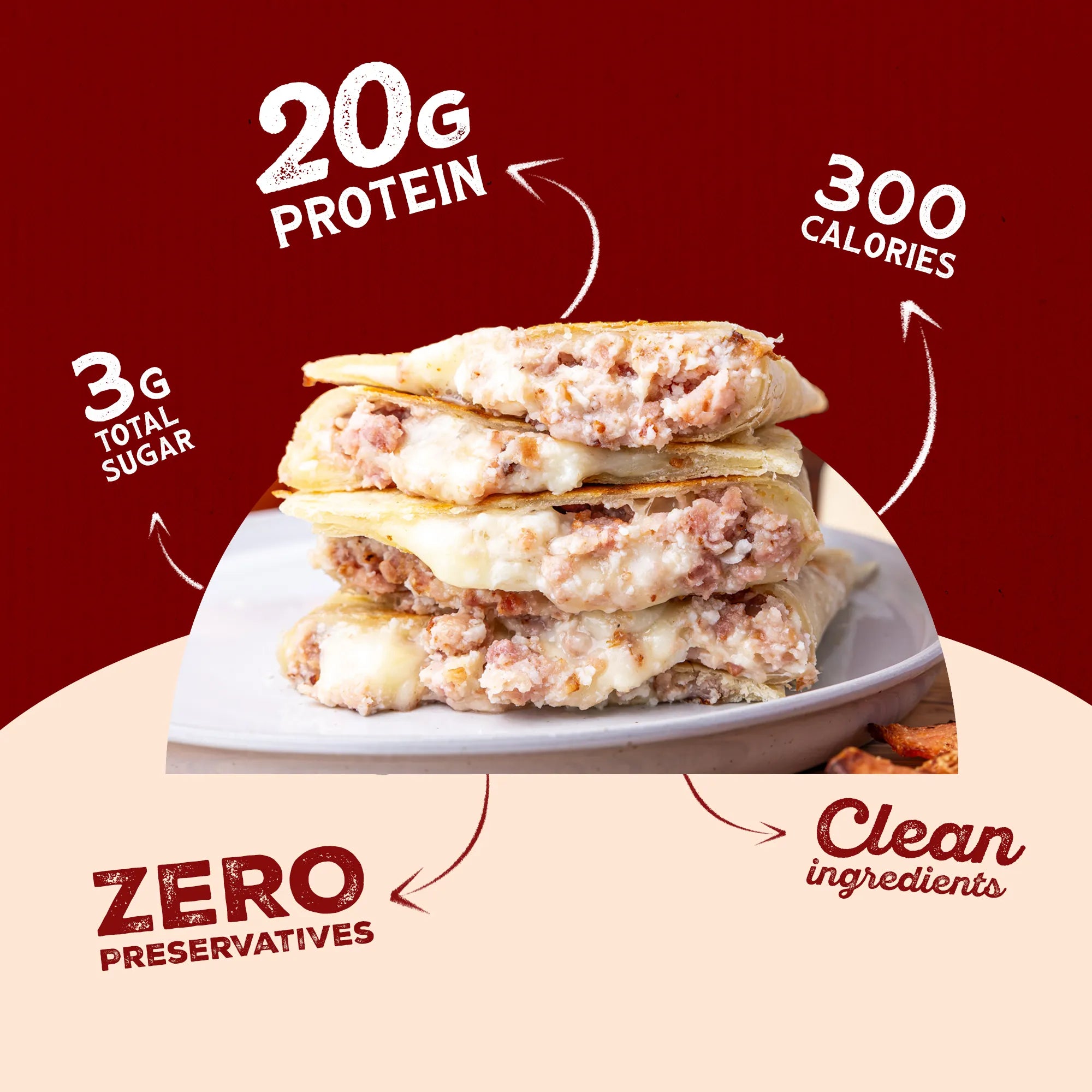 Rise & Puff Bacon Breakfast Quesadilla feature image highlighting real bacon, egg whites and three cheeses