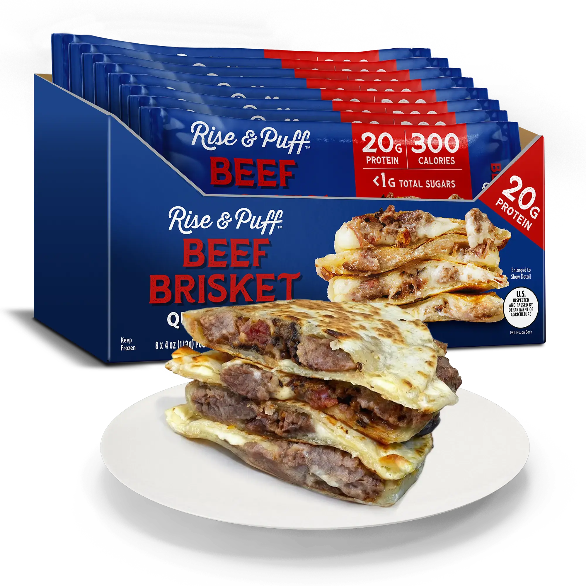 Rise & Puff Beef Brisket Quesadilla — frozen handheld quesadilla with slow-cooked beef brisket, part-skim mozzarella and aged cheddar