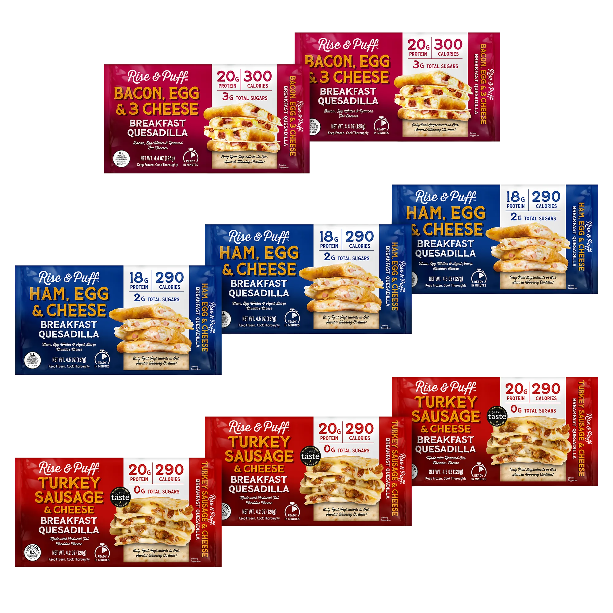 Rise & Puff Breakfast Quesadilla Variety Pack nutrition — Turkey Sausage & Cheese 20g protein 300 calories, Ham Egg & Cheese 20g protein 290 calories, and Bacon Egg & Cheese 20g protein 290 calories frozen handheld breakfast quesadillas