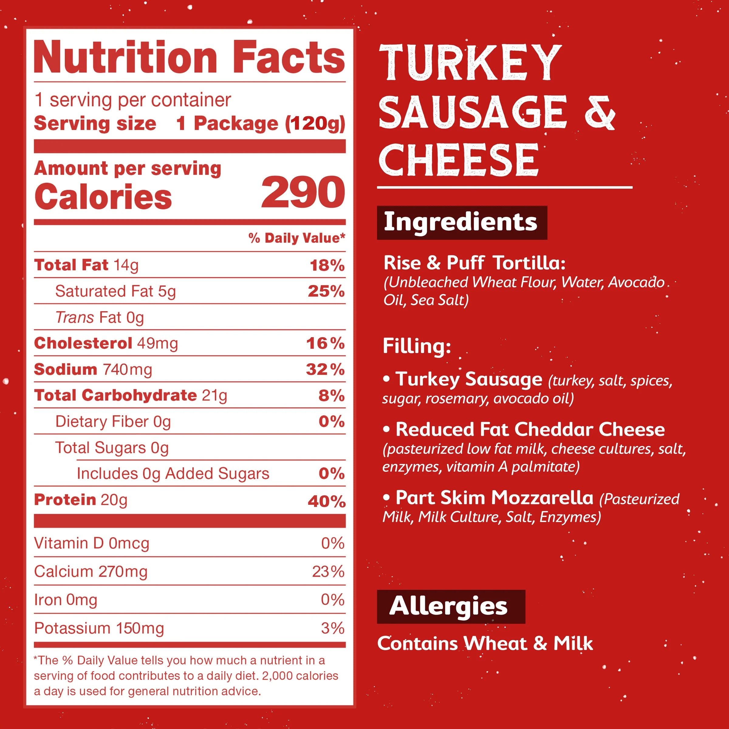 Rise & Puff Turkey Sausage & Cheese Breakfast Quesadilla nutrition facts and ingredients panel — 20g protein, 290 calories