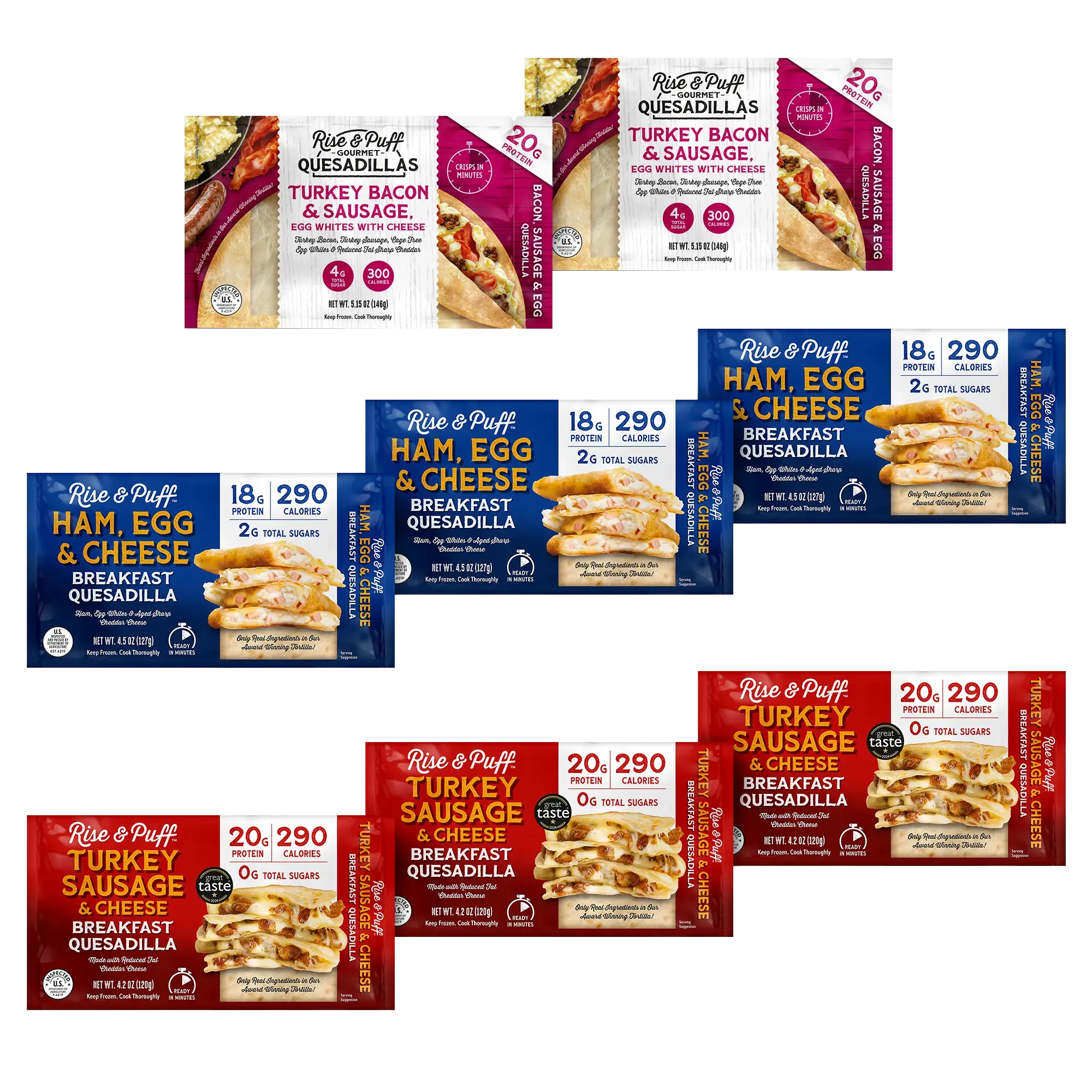 Rise & Puff Breakfast Quesadilla Variety Pack nutrition — Turkey Sausage & Cheese 20g protein 300 calories, Ham Egg & Cheese 20g protein 290 calories, and Turkey Bacon Egg & Cheese 20g protein 300 calories frozen handheld breakfast quesadillas