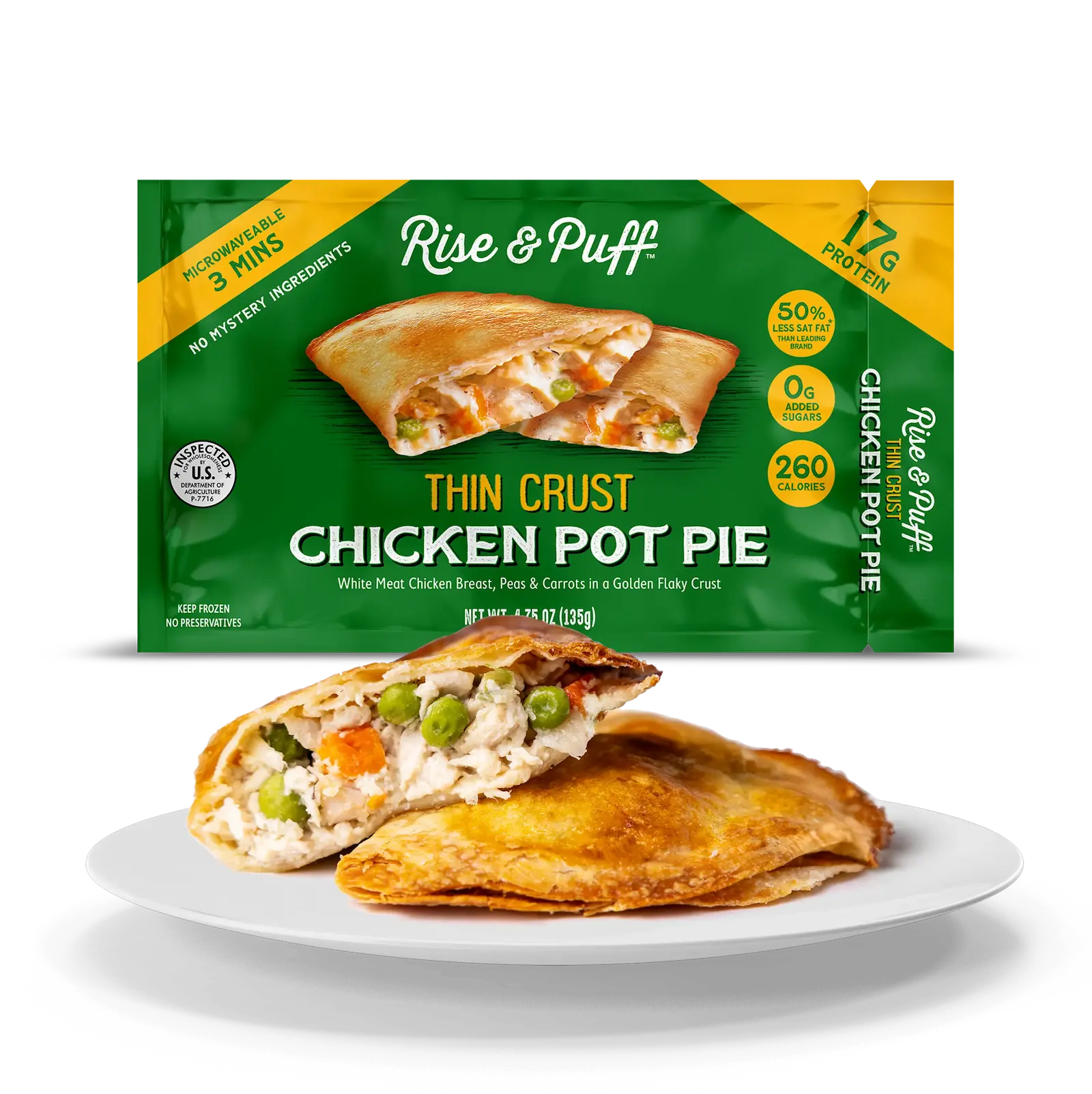 Rise & Puff thin crust chicken pot pie packaging with a piece of pie on a plate.