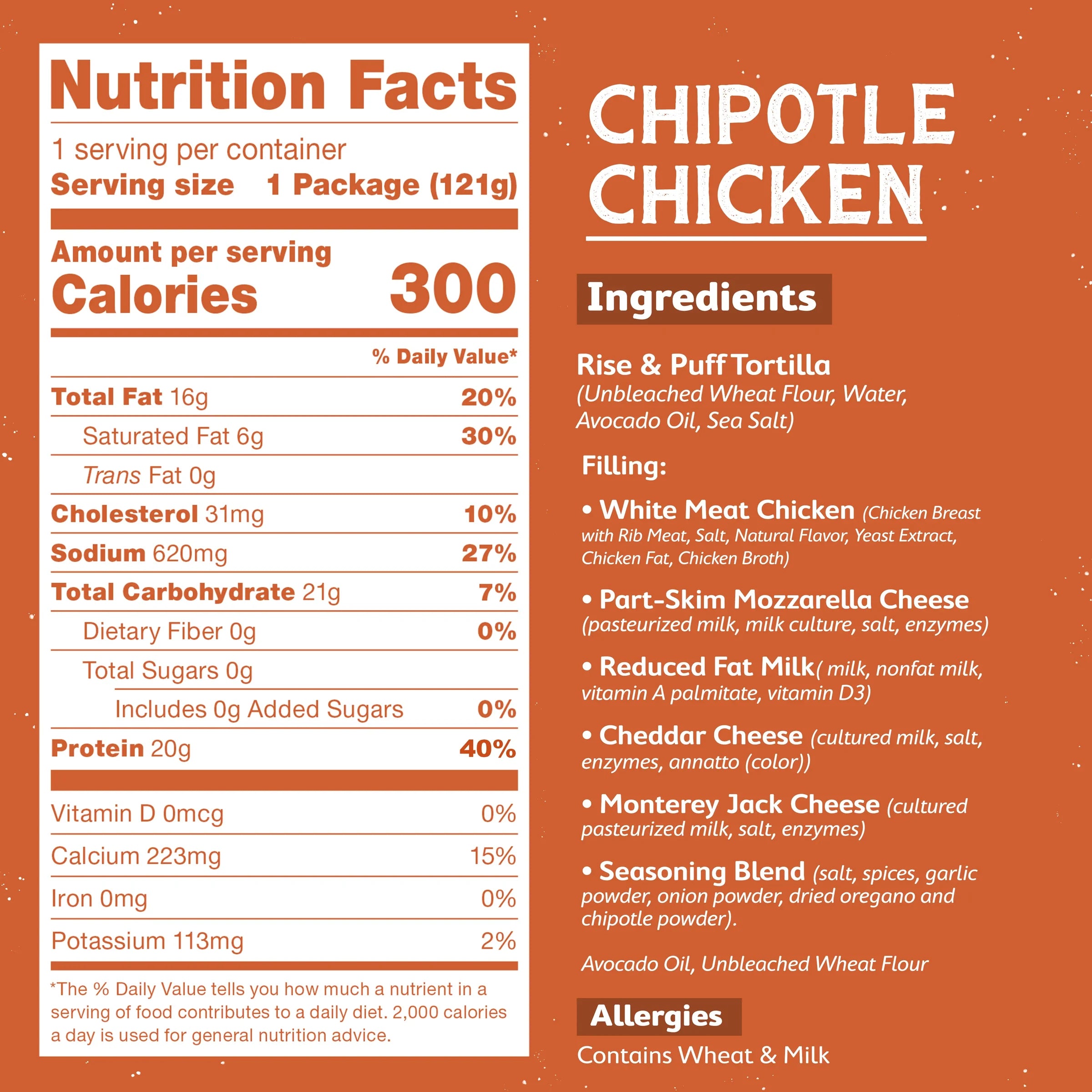 Rise & Puff Chipotle Chicken Quesadilla nutrition facts and ingredients panel — 20g protein, 300 calories