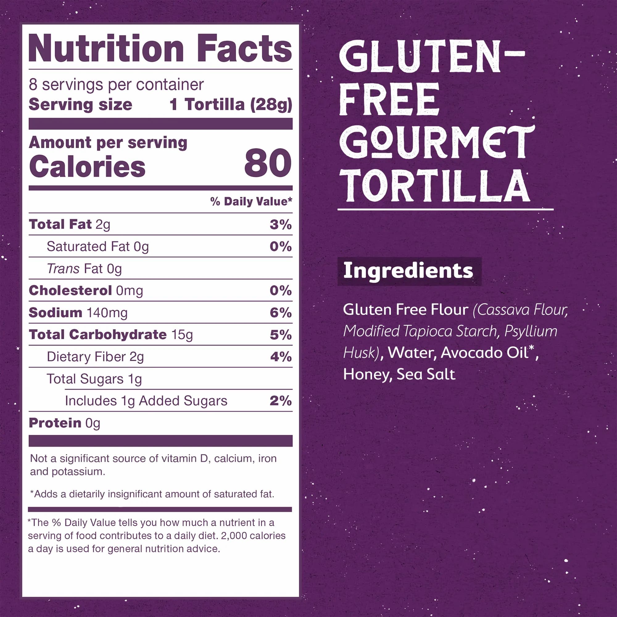 Nutrition Facts and ingredients panel for Rise & Puff Gluten Free Gourmet Tortilla showing 80 calories per tortilla, cassava flour blend, avocado oil, honey, sea salt, and gluten free labeling.