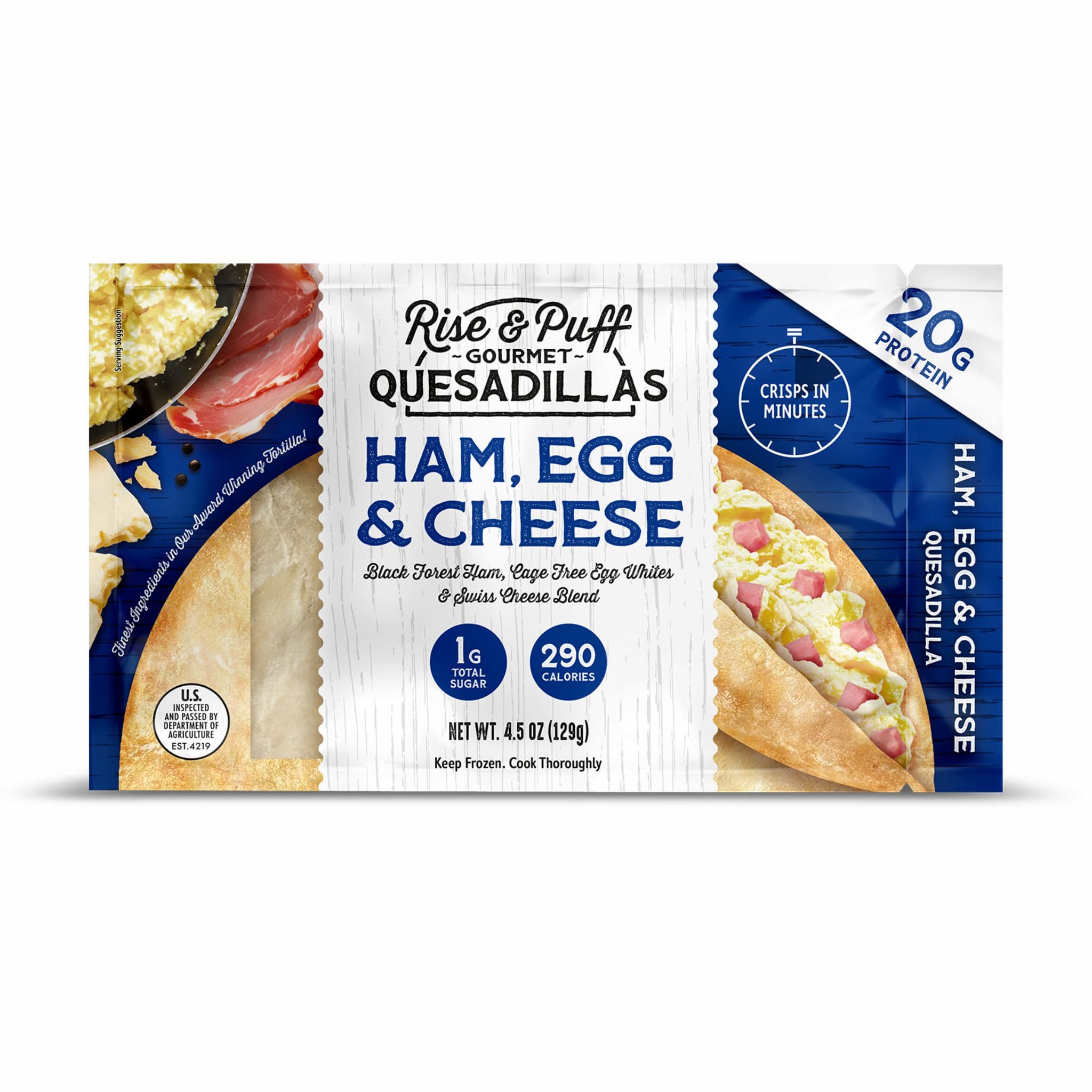 Rise & Puff Gourmet Quesadillas Ham, Egg & Cheese packaging 