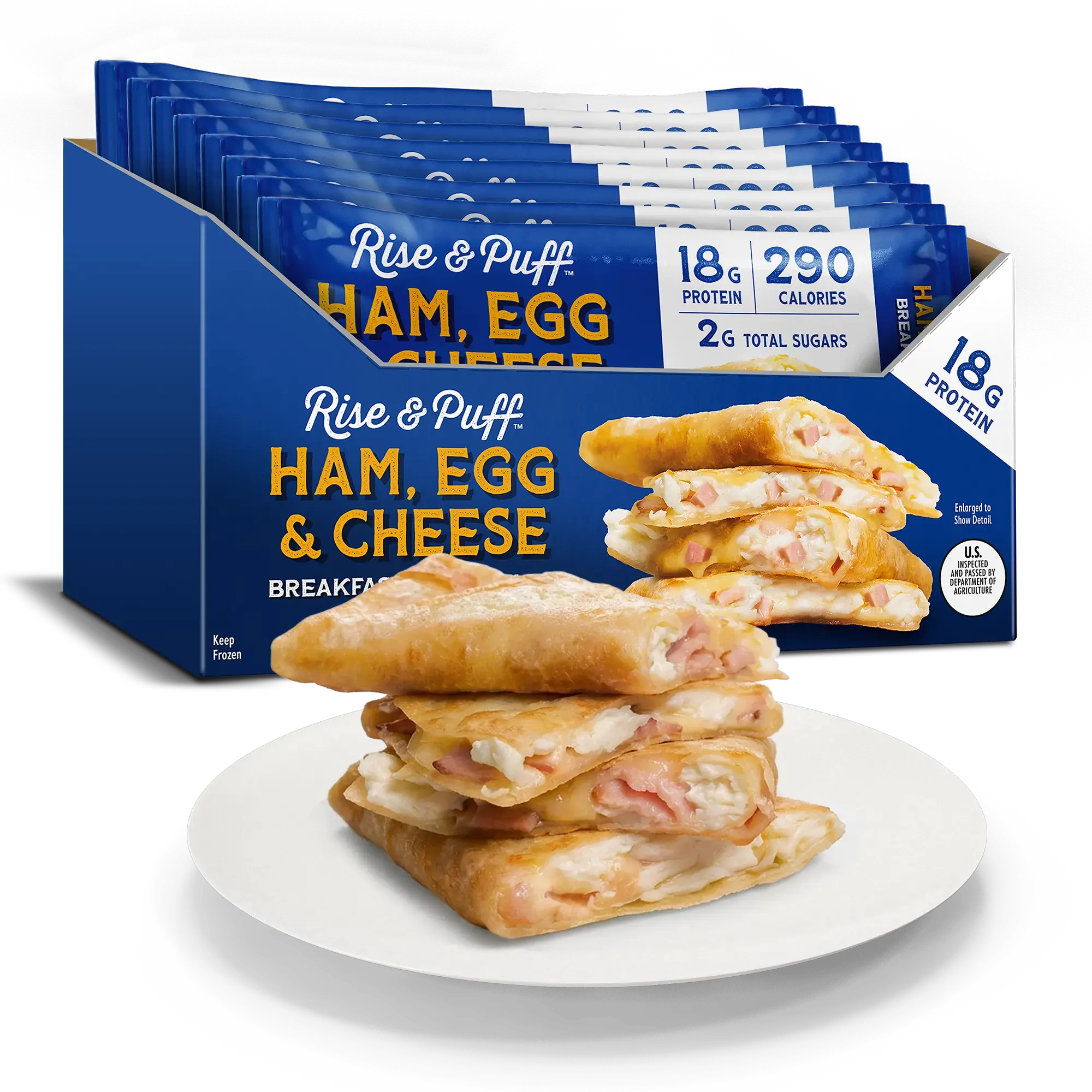 Rise & Puff Ham, Egg & Cheese Breakfast Quesadilla — frozen handheld with ham, egg whites and aged sharp cheddar