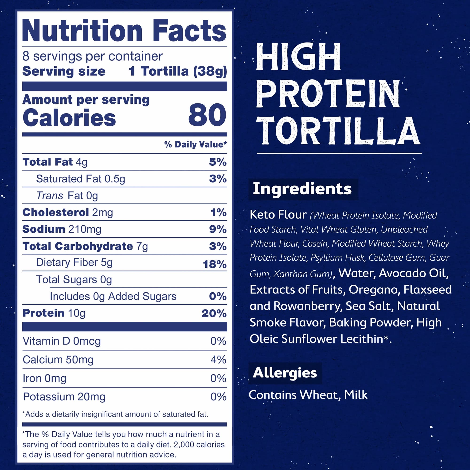 Nutritional facts of low carb high protein tortillas on the left and the Ingredients list on the right, with the text 'HIGH PROTEIN TORTILLA' on a dark blue background. 