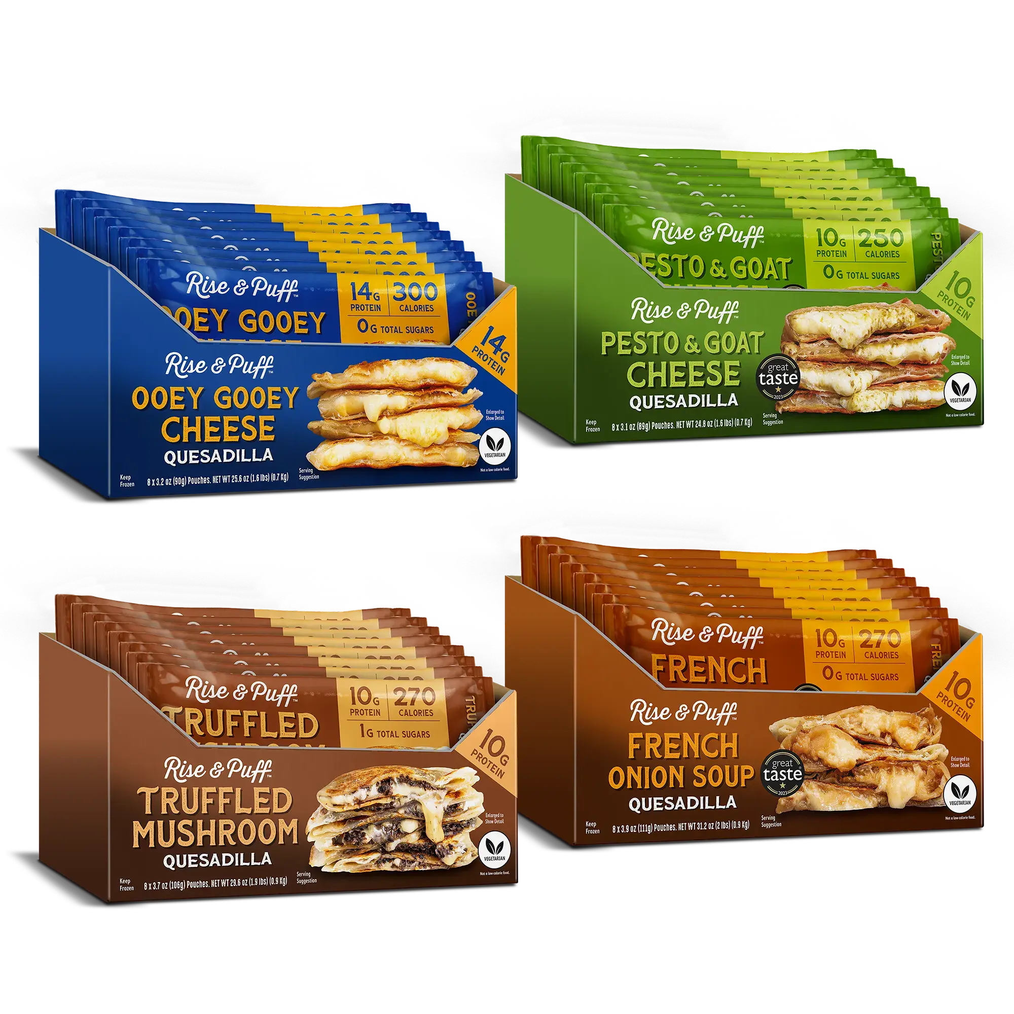 Rise & Puff High Protein Veggie Quesadilla Bundle — vegetarian frozen handheld quesadillas including Ooey Gooey Cheese, Pesto & Goat Cheese, Truffled Mushroom, and French Onion Soup