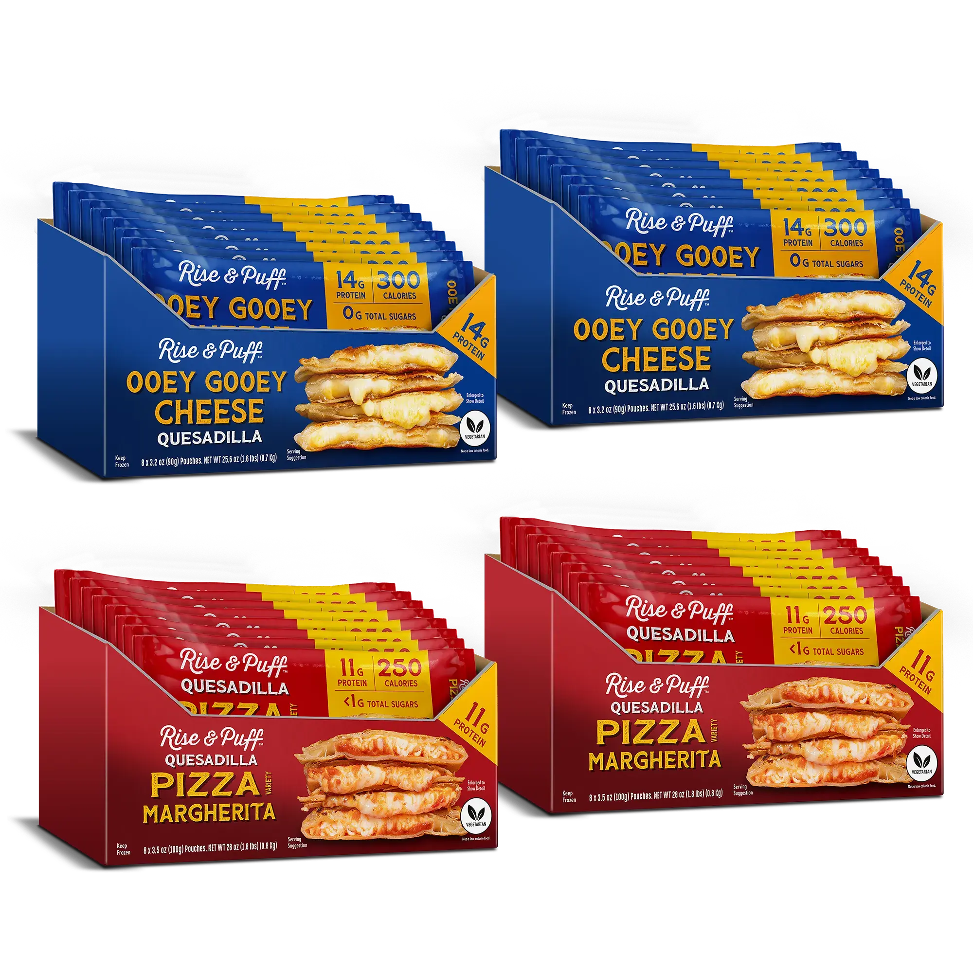 Rise & Puff Kids Lunch Box Quesadilla Bundle — kid-friendly frozen handheld quesadillas including Ooey Gooey Cheese, Pizza Margherita, Chipotle Chicken, and Uncured Pepperoni Pizza for school lunches