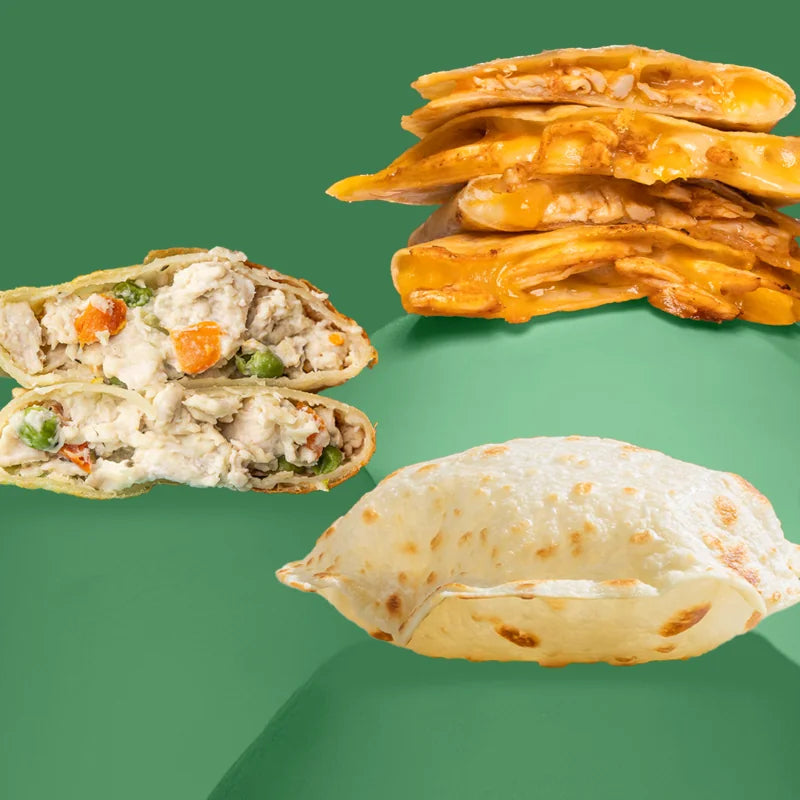 Healthy quesadillas, pot pies, and flour tortillas showing all products Rise & Puff has to offer with a green background.