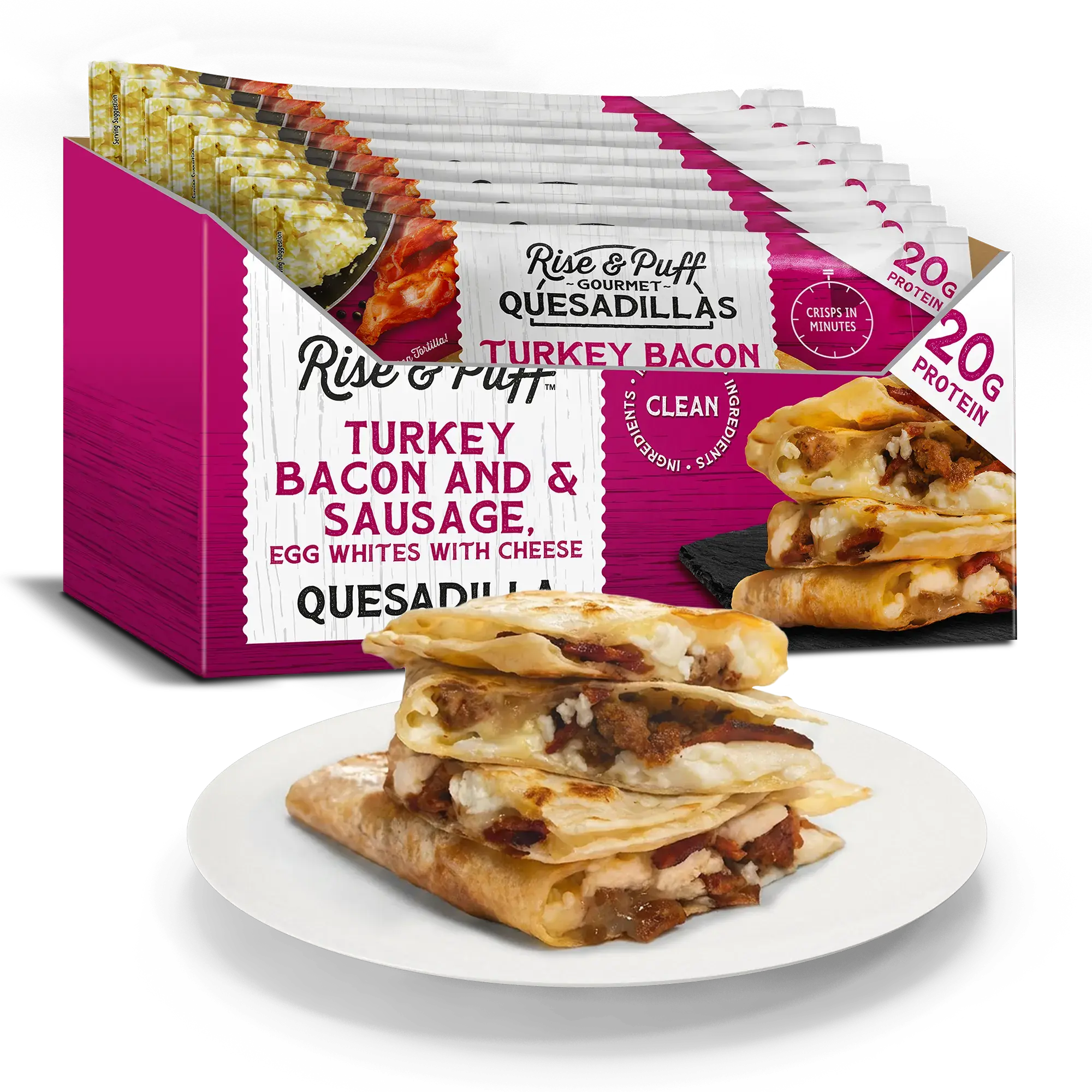 Rise & Puff Bacon Breakfast Quesadilla — frozen handheld breakfast quesadilla with bacon and cheese