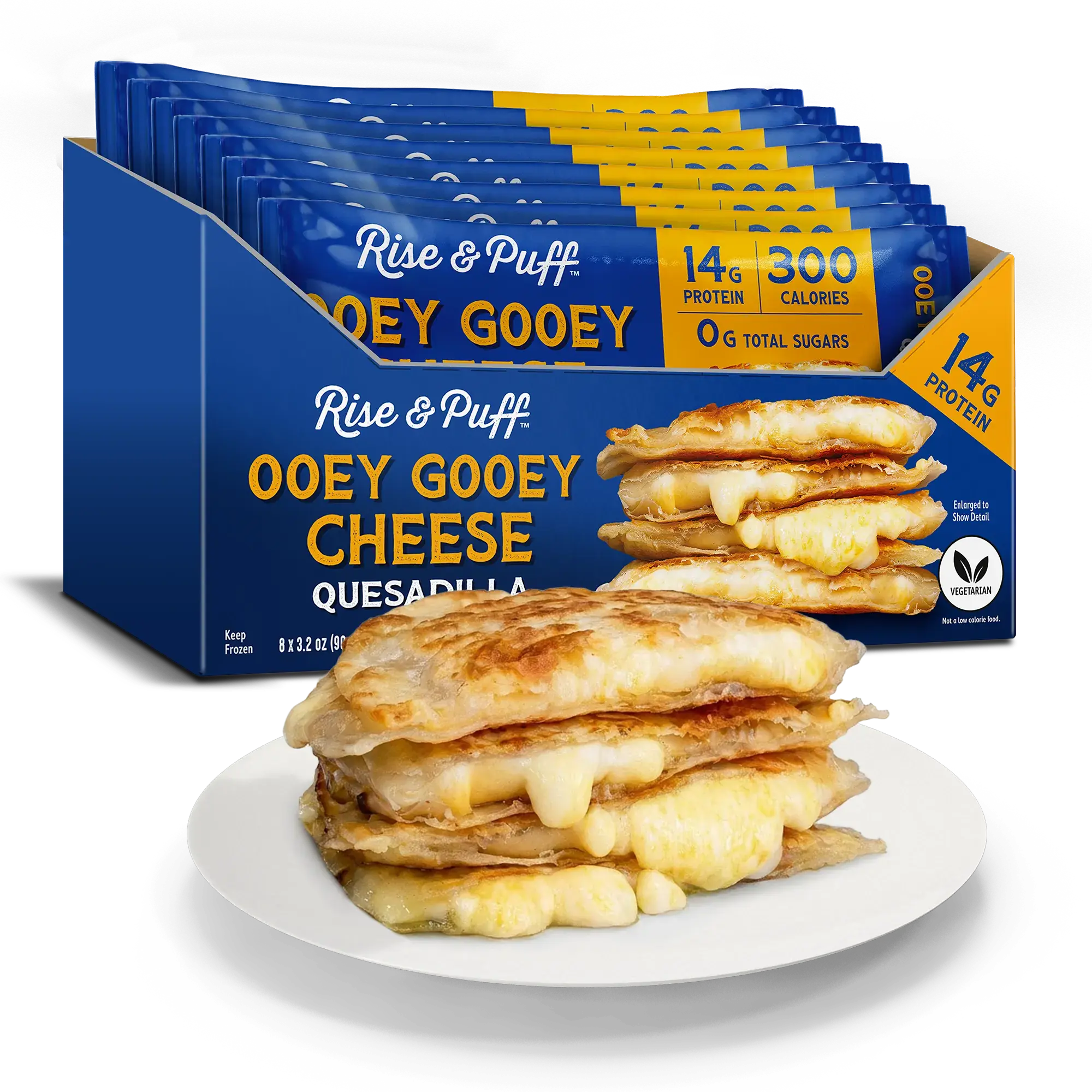 Rise & Puff Ooey Gooey Cheese Quesadilla — frozen vegetarian quesadilla with aged cheddar, Monterey Jack and Oaxaca cheeses