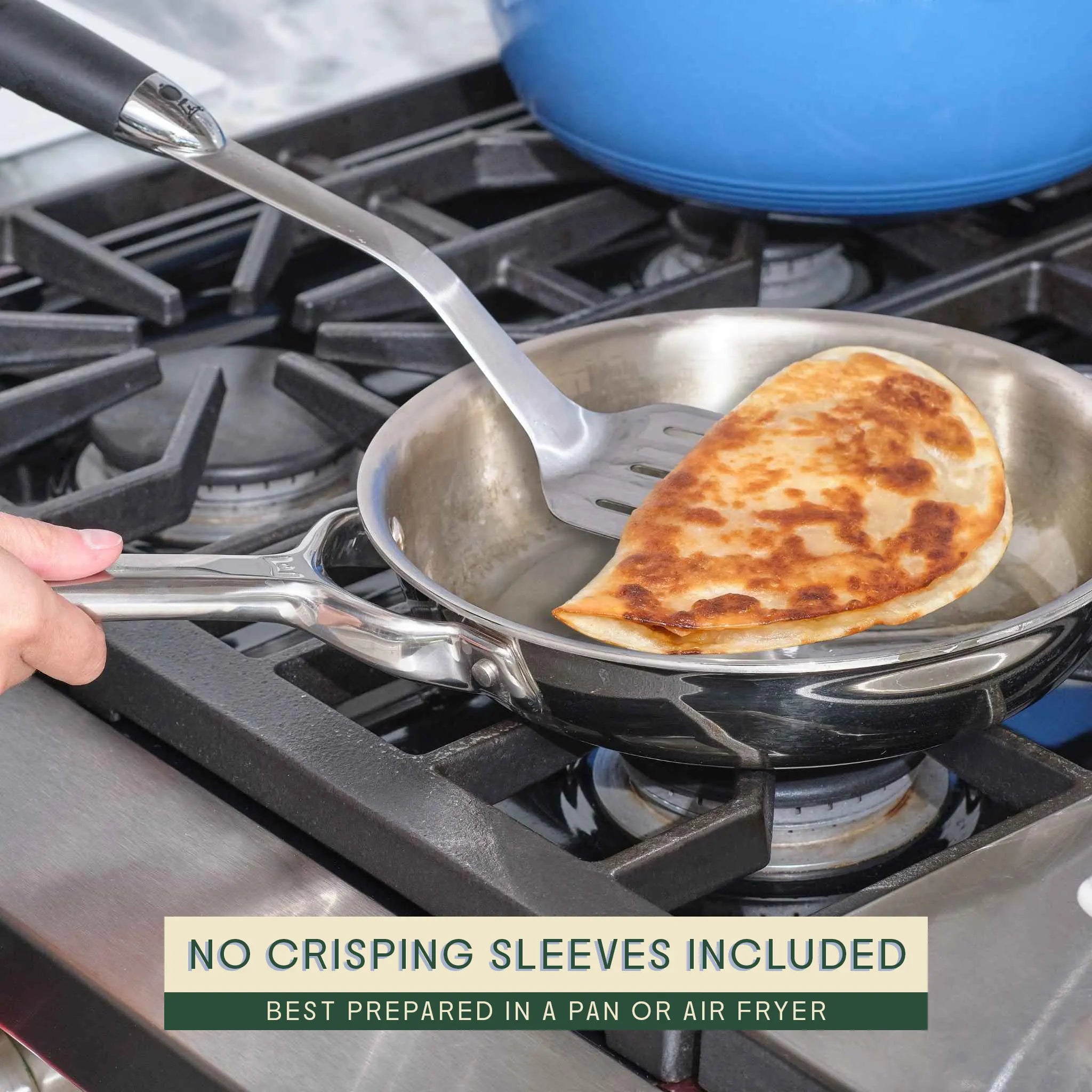 Ooey gooey quesadilla being cooked on the stove top with a callout that this specific variety is intended for the pan or air fryer