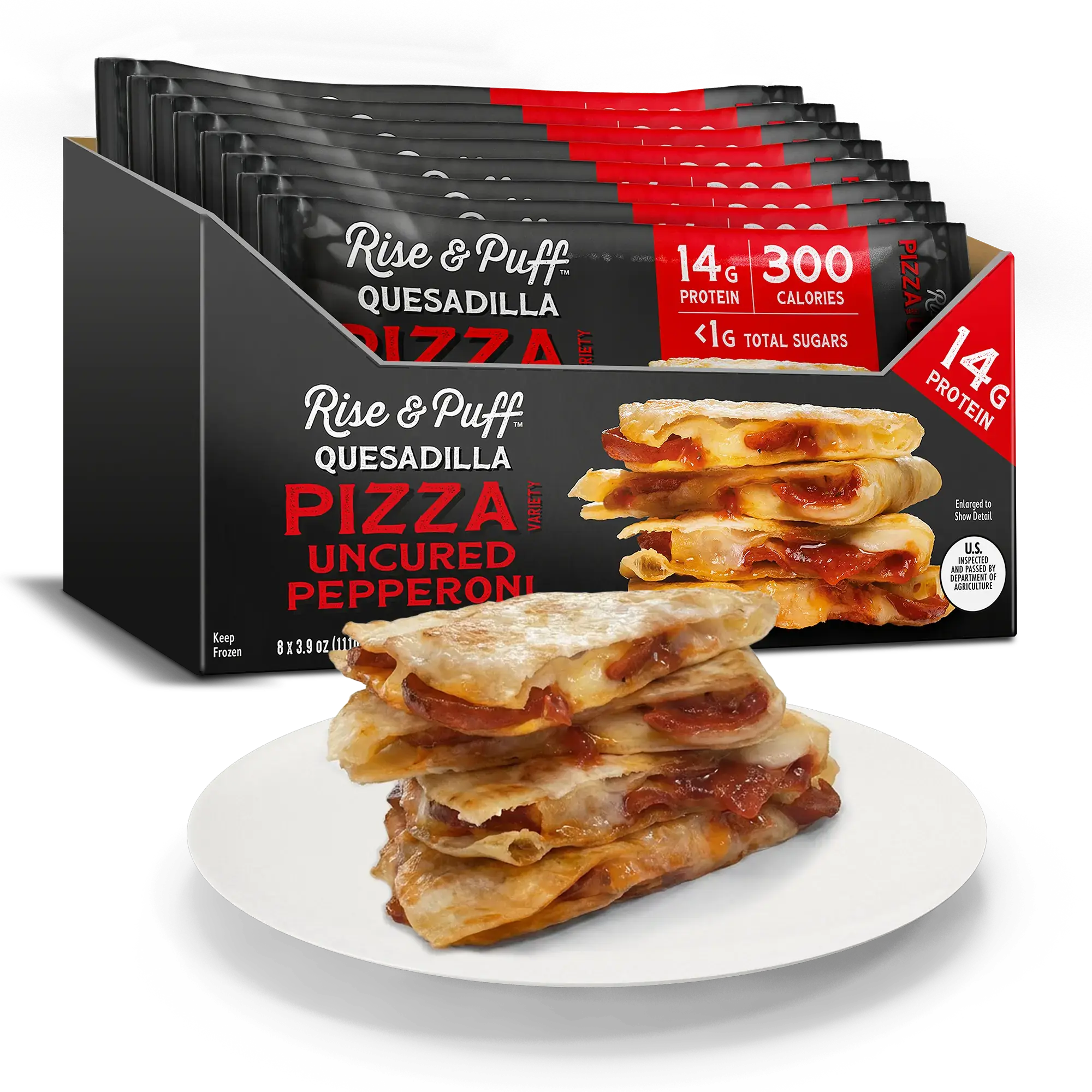 Rise & Puff Pizza Uncured Pepperoni Quesadilla — frozen handheld pizza quesadilla with uncured pepperoni, part-skim mozzarella and pizza sauce on a thin tortilla crust