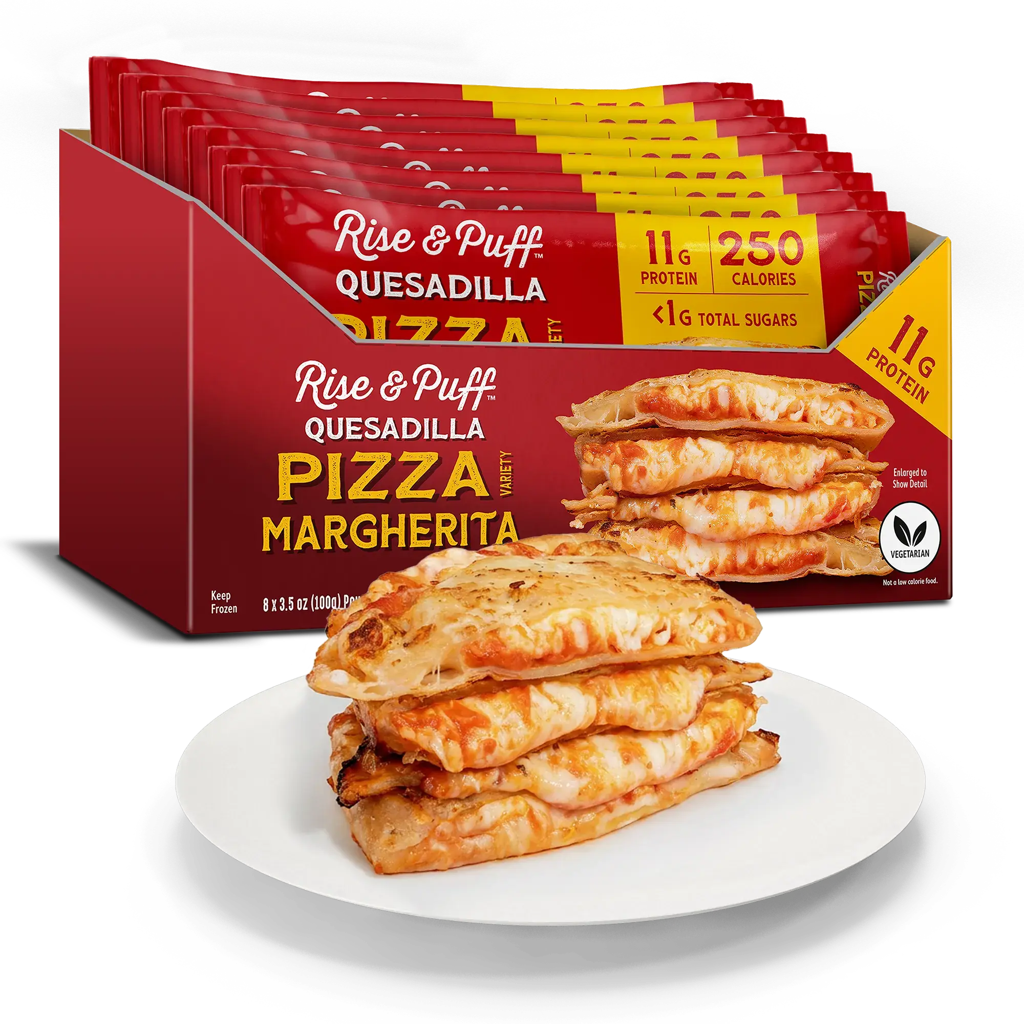 Rise & Puff Pizza Margherita Quesadilla — frozen vegetarian pizza quesadilla with part-skim mozzarella and pizza sauce on a thin tortilla crust