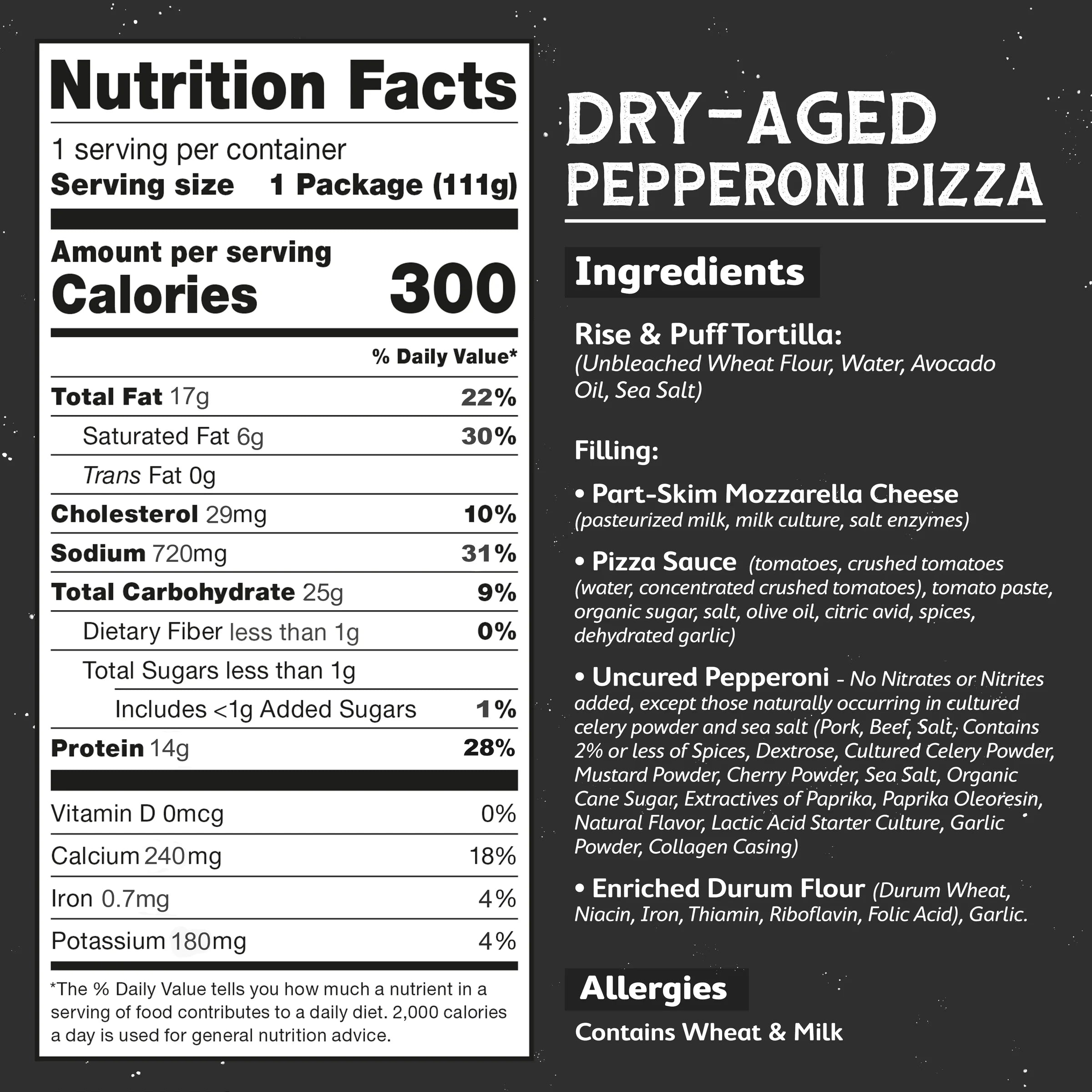 Rise & Puff Pizza Uncured Pepperoni Quesadilla nutrition facts and ingredients panel — 14g protein, 300 calories
