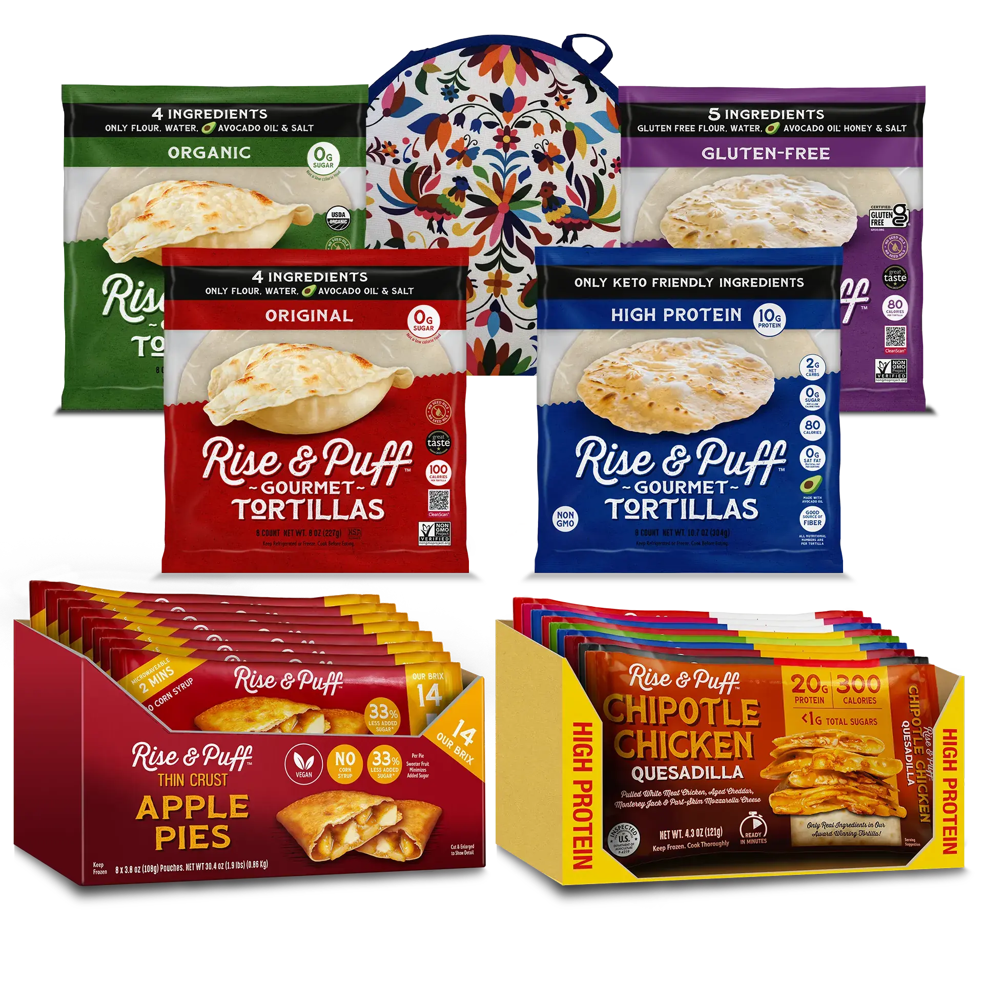 Rise & Puff Quesadilla & Tortilla Sampler — variety pack featuring Organic, Gluten-Free, Original, and High Protein Gourmet Tortillas plus a case of 8 Thin Crust Apple Pies and the Quesadilla Variety Pack (1 of each flavor)