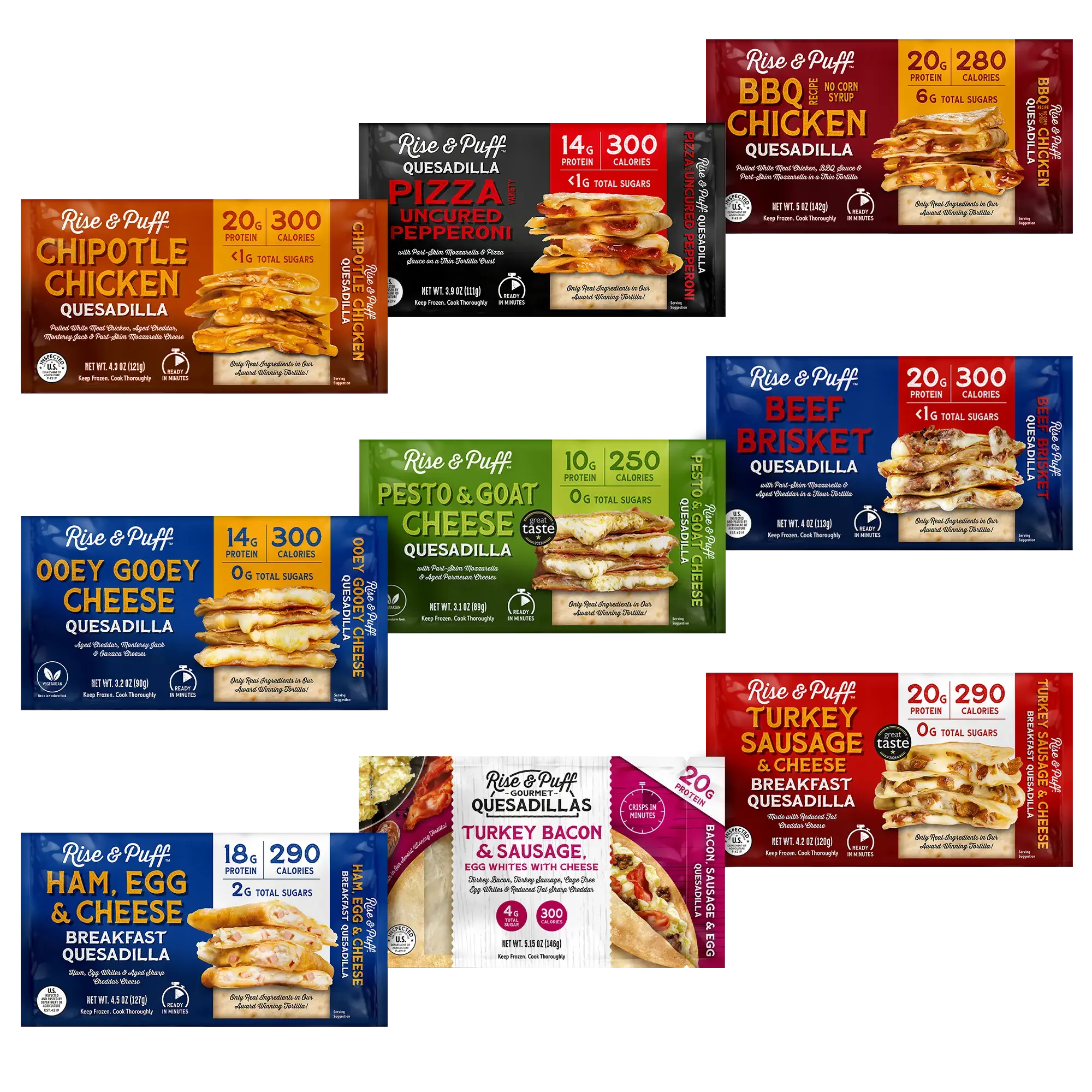 Rise & Puff Quesadilla Variety Pack with Turkey Bacon — frozen handheld quesadilla pouches including Chipotle Chicken, Pizza Uncured Pepperoni, BBQ Chicken, Ooey Gooey Cheese, Pesto & Goat Cheese, Beef Brisket, Ham Egg & Cheese, Turkey Bacon & Sausage, and Turkey Sausage & Cheese
