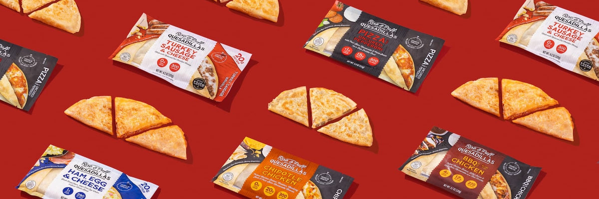 Rise & Puff healthier quesadillas and their packaging on a red background