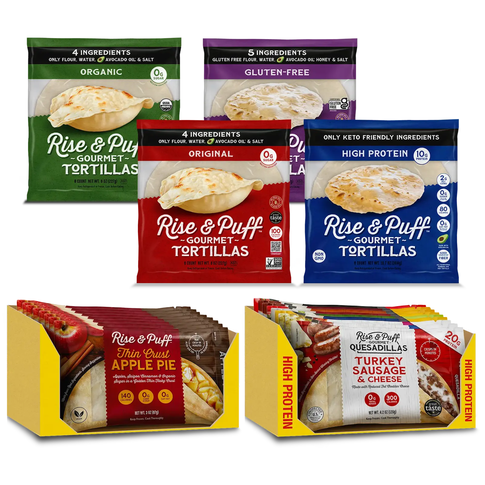Tortilla and quesadilla sampler including 1 of each tortilla variety, a quesadilla variety pack, and a pack of apple pie desserts