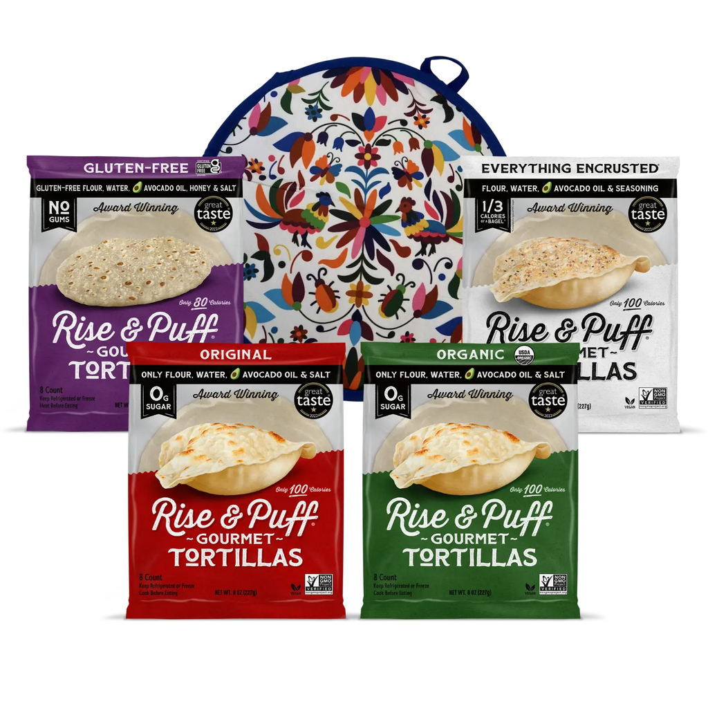 Rise & Puff Gourmet Tortilla Bundle with Original, Organic, Gluten-Free, Everything, and a Warmer