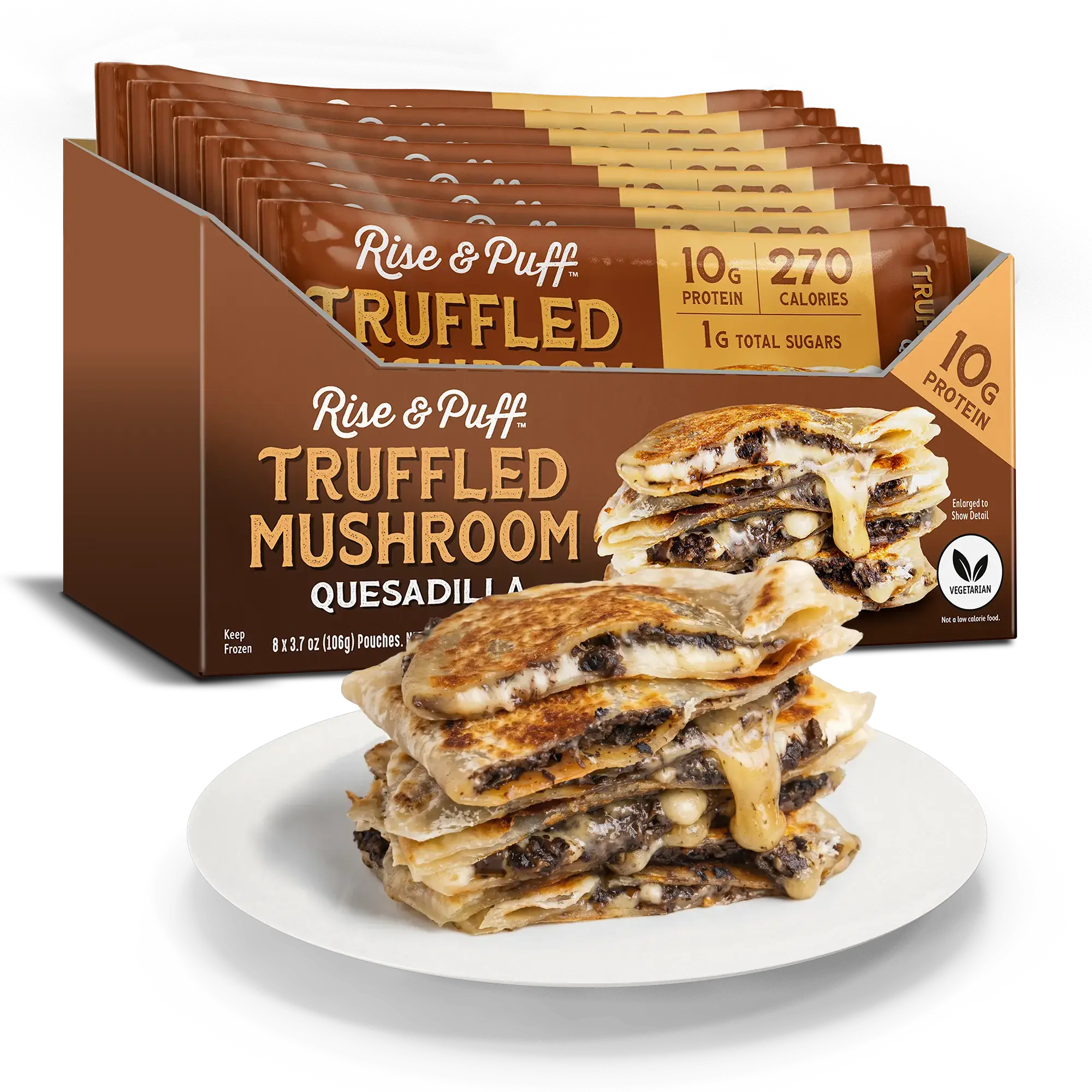 Rise & Puff Truffled Mushroom Quesadilla — frozen vegetarian quesadilla with truffled mushrooms, part-skim mozzarella and goat cheese