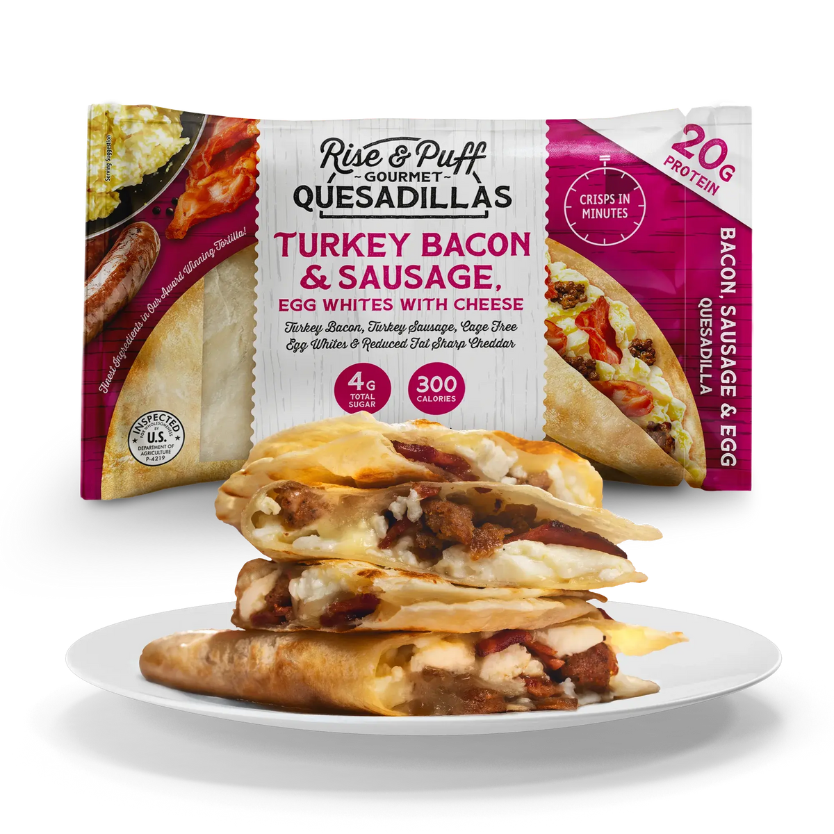 Turkey Bacon Sausage Cheese Quesadilla satisfying frozen high protein meal with savory filling