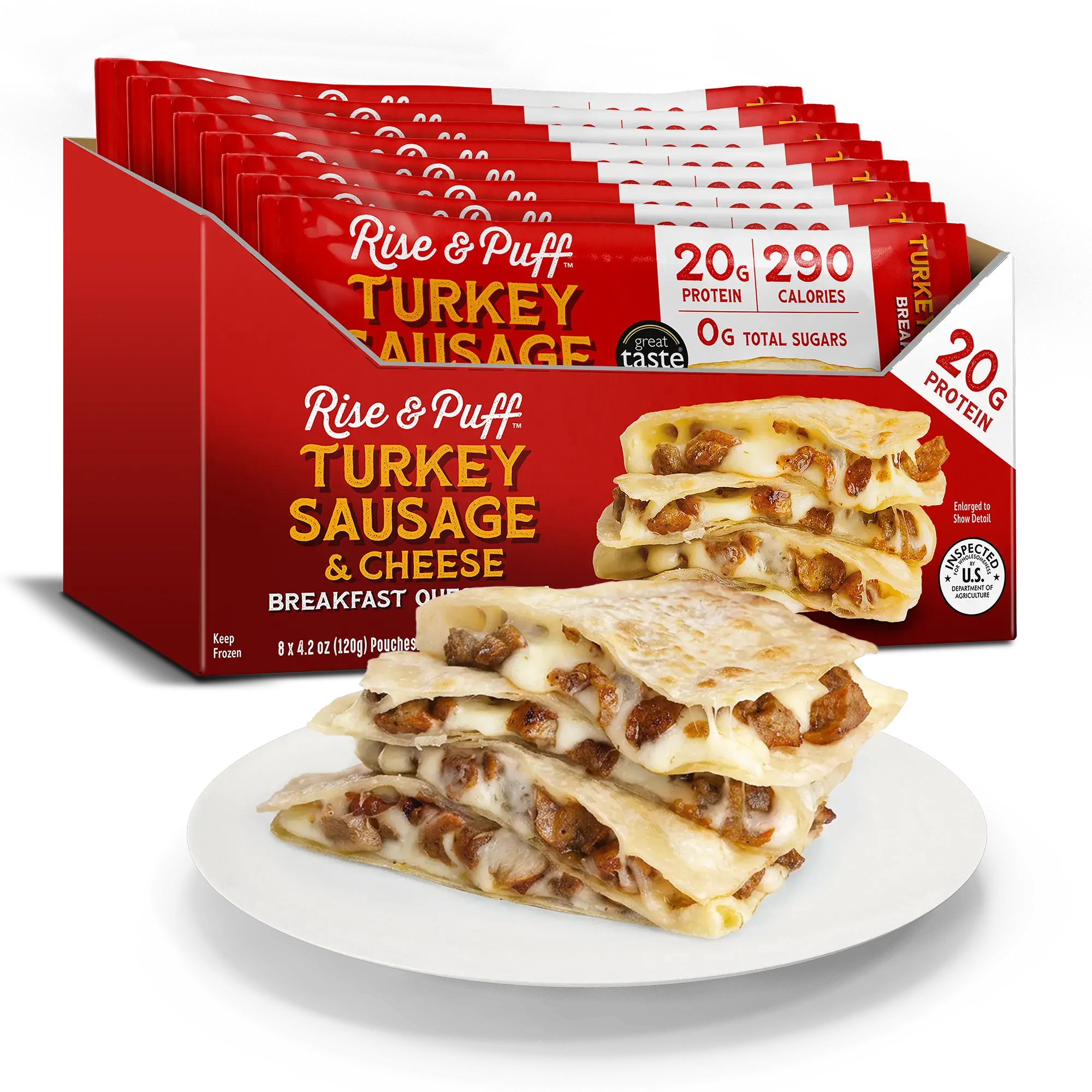 Rise & Puff Turkey Sausage & Cheese Breakfast Quesadilla — frozen handheld with turkey sausage and reduced-fat cheddar cheese