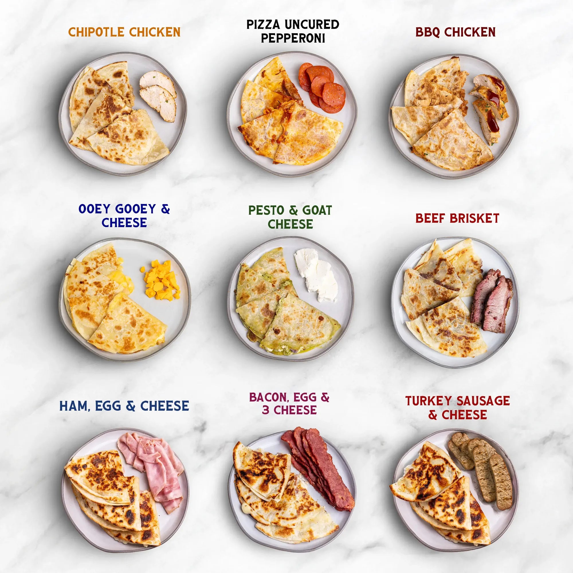 Rise & Puff Quesadilla variety lineup with real ingredients across BBQ Chicken, Chipotle Chicken, Beef Brisket and more