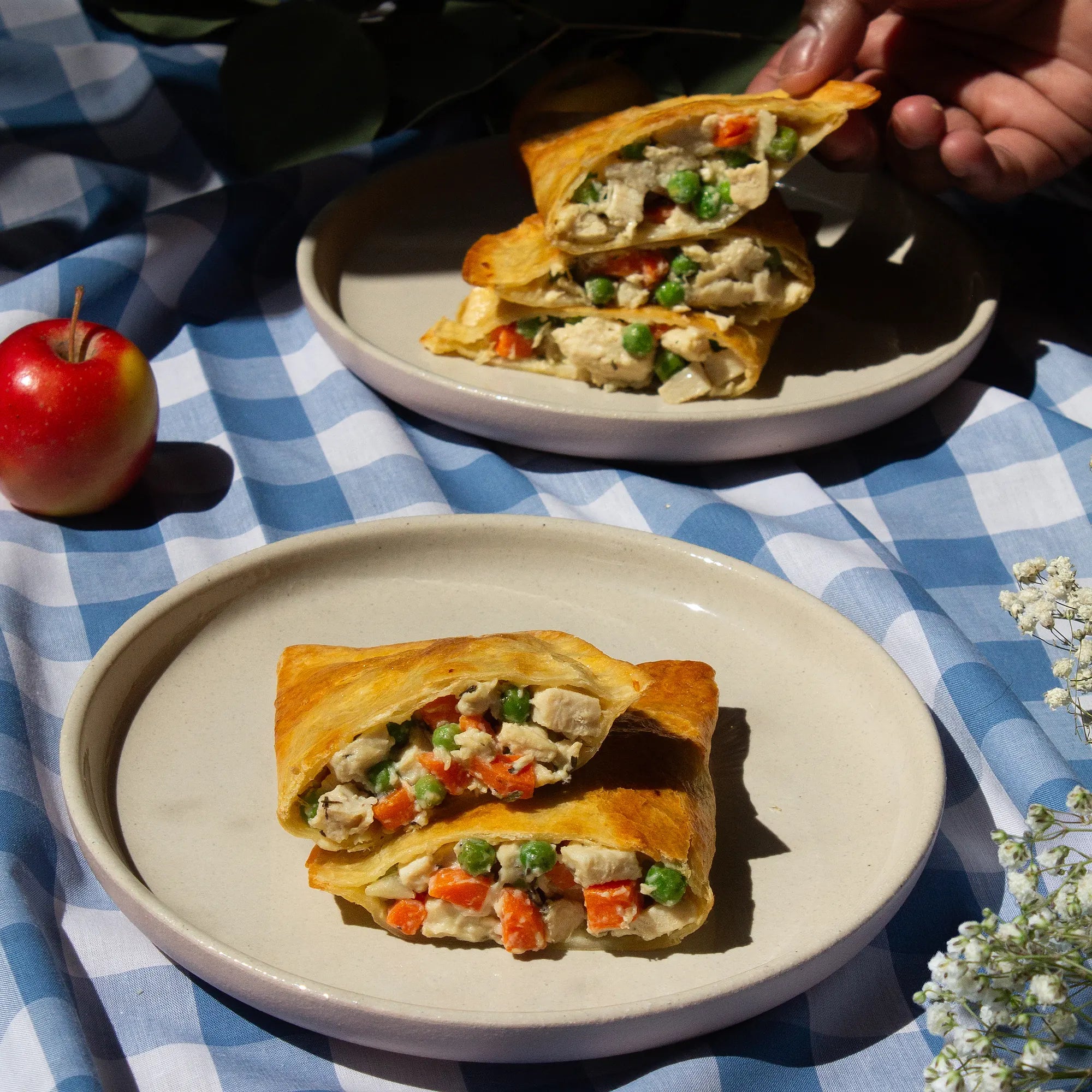 Rise & Puff Thin Crust Chicken Pot Pie halved on a picnic plate, showing white-meat chicken, peas and carrots in a golden flaky crust