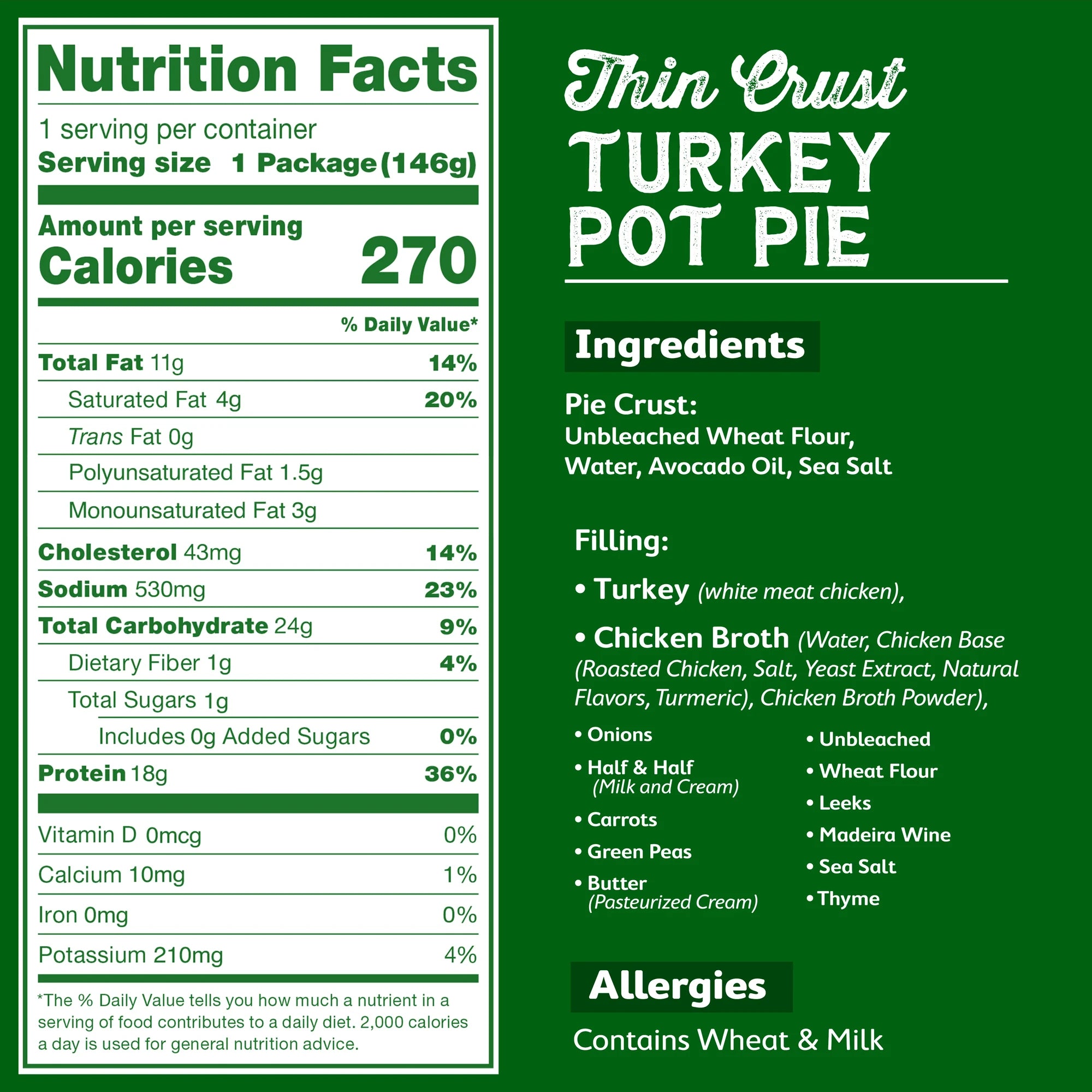 Rise & Puff Turkey Pot Pie nutrition facts label with calories, protein, and ingredients