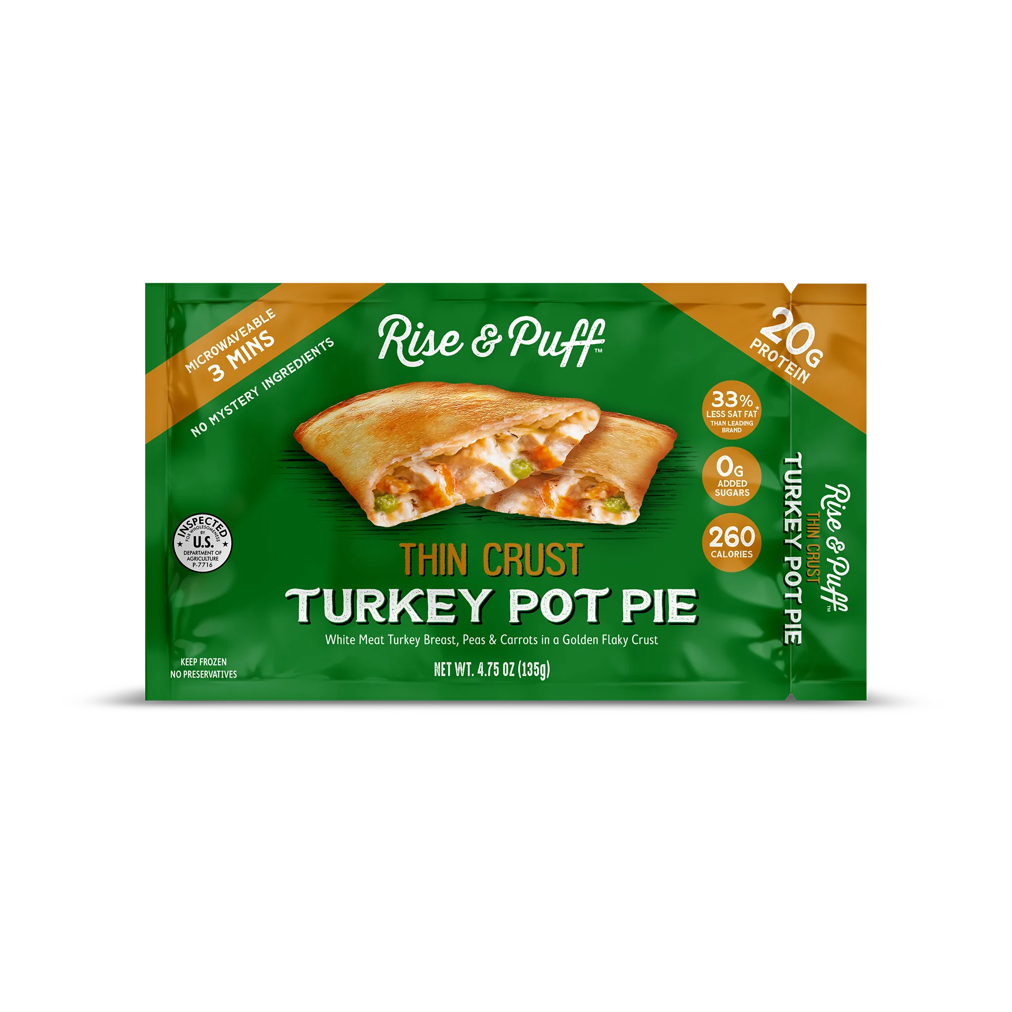 Rise & Puff Turkey Thin Crust Pot Pie retail package, front view